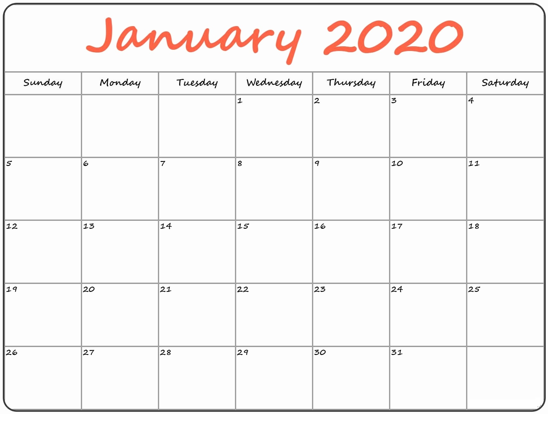 Blank January 2020 Calendar