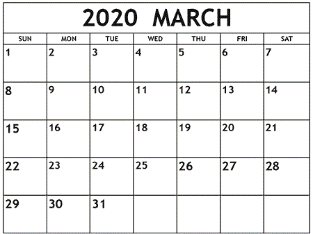 Blank March Calendar 2020