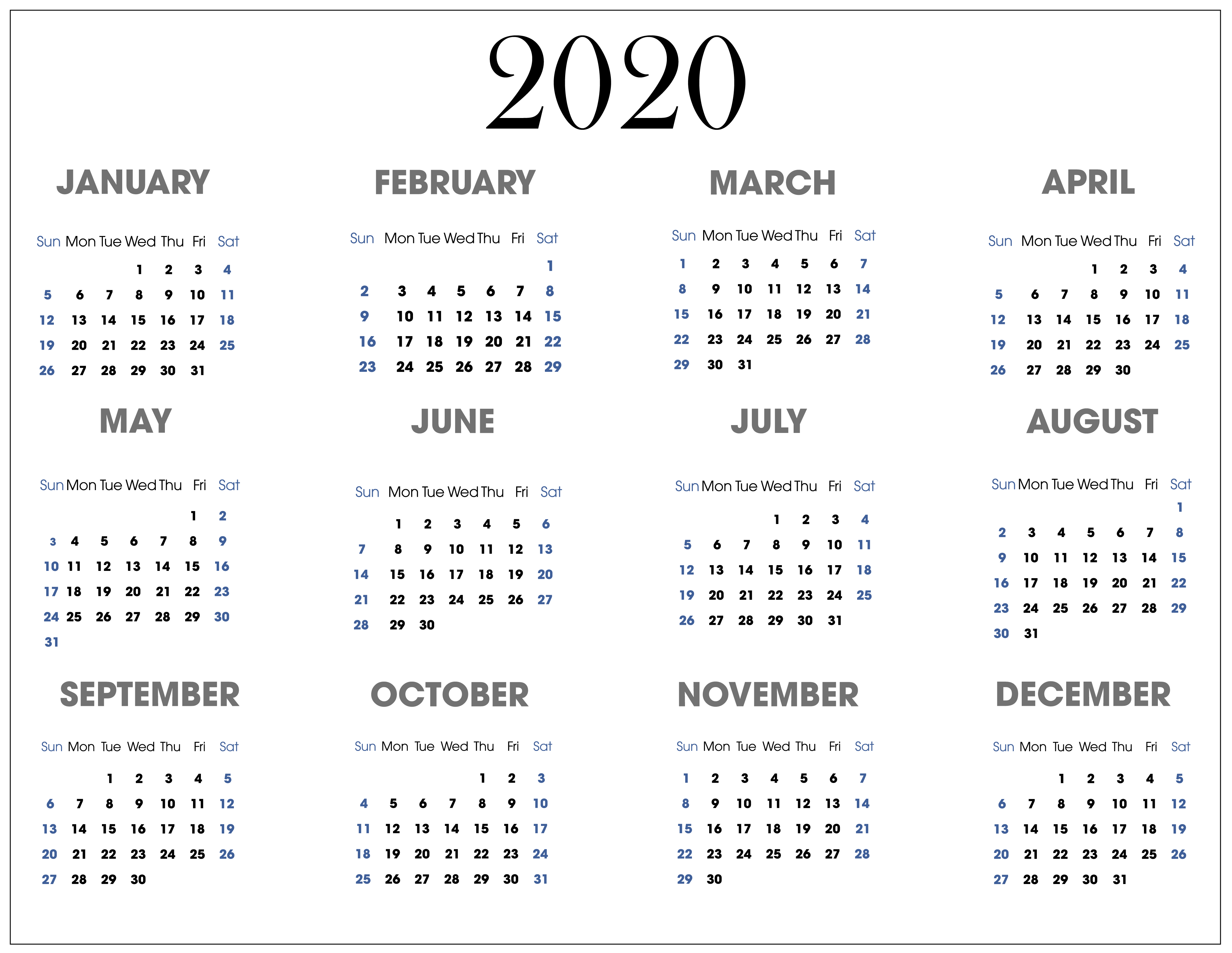 full year calendar designed for printing on one page free printable