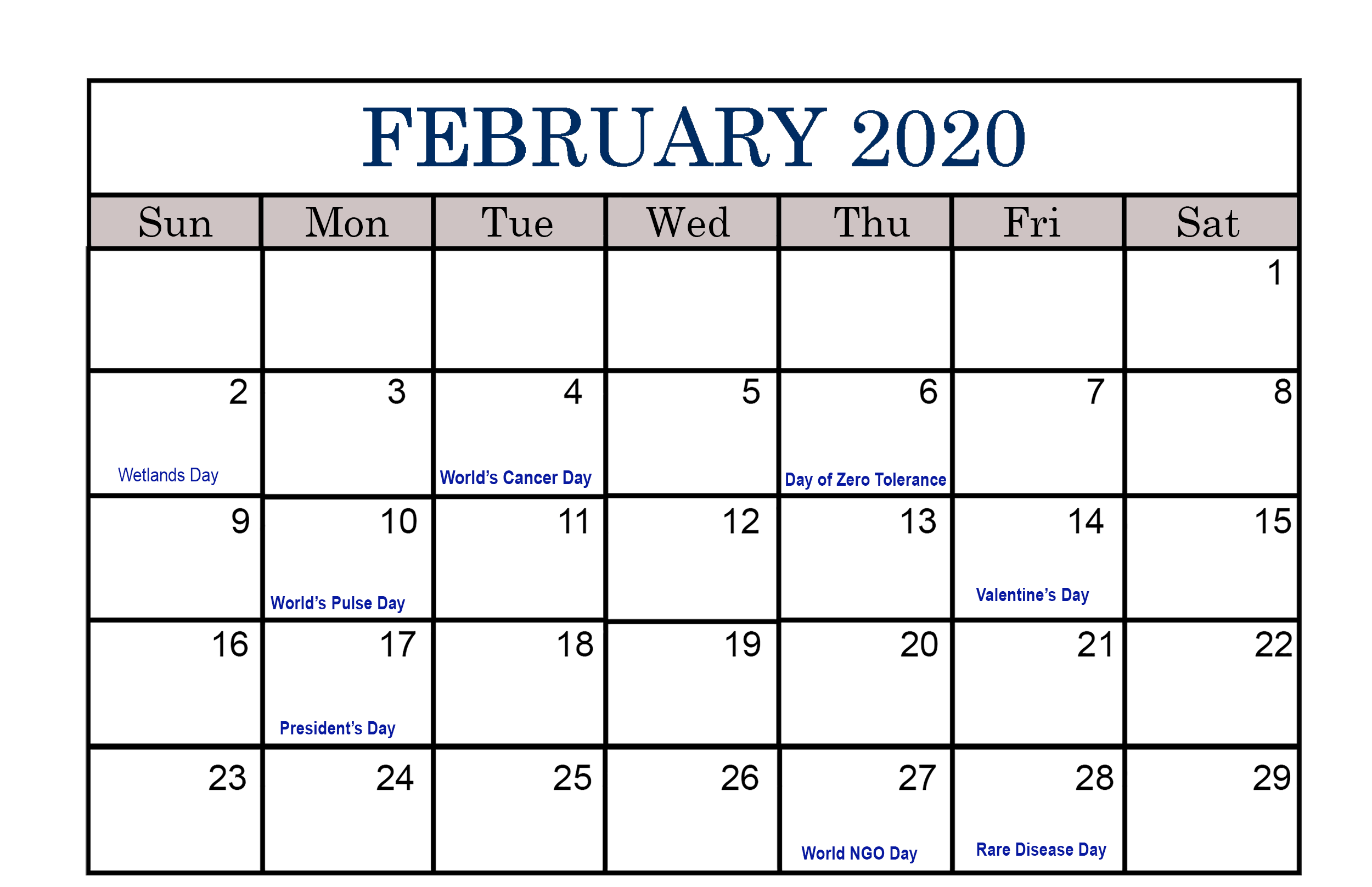 February 2020 Calendar PDF, Excel Sheet Free Printable Calendar
