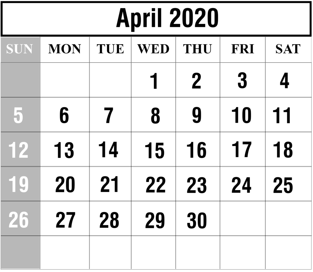 Blank Calendar Page For April 2020 