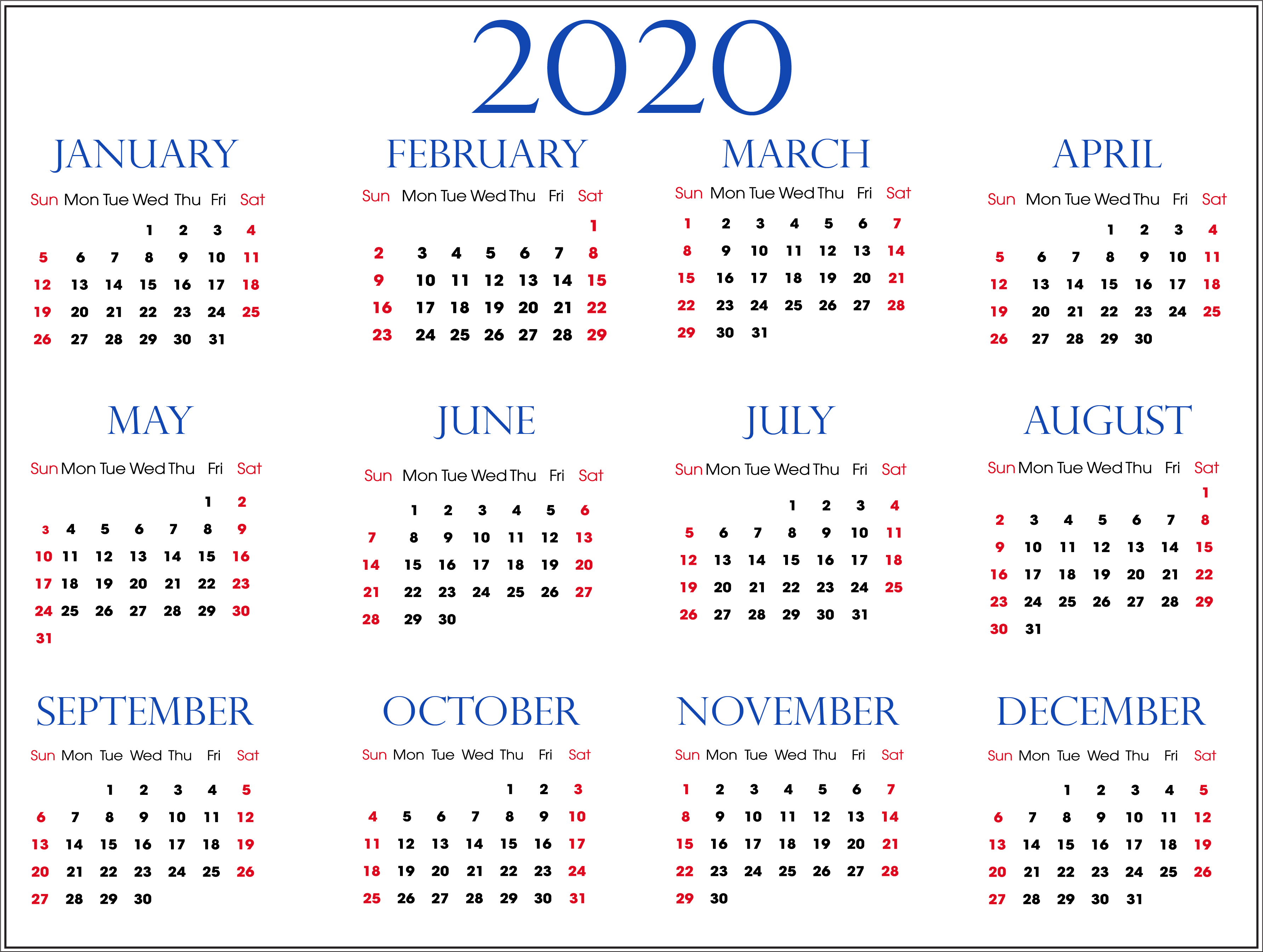 2020 Calendar With Printable Free