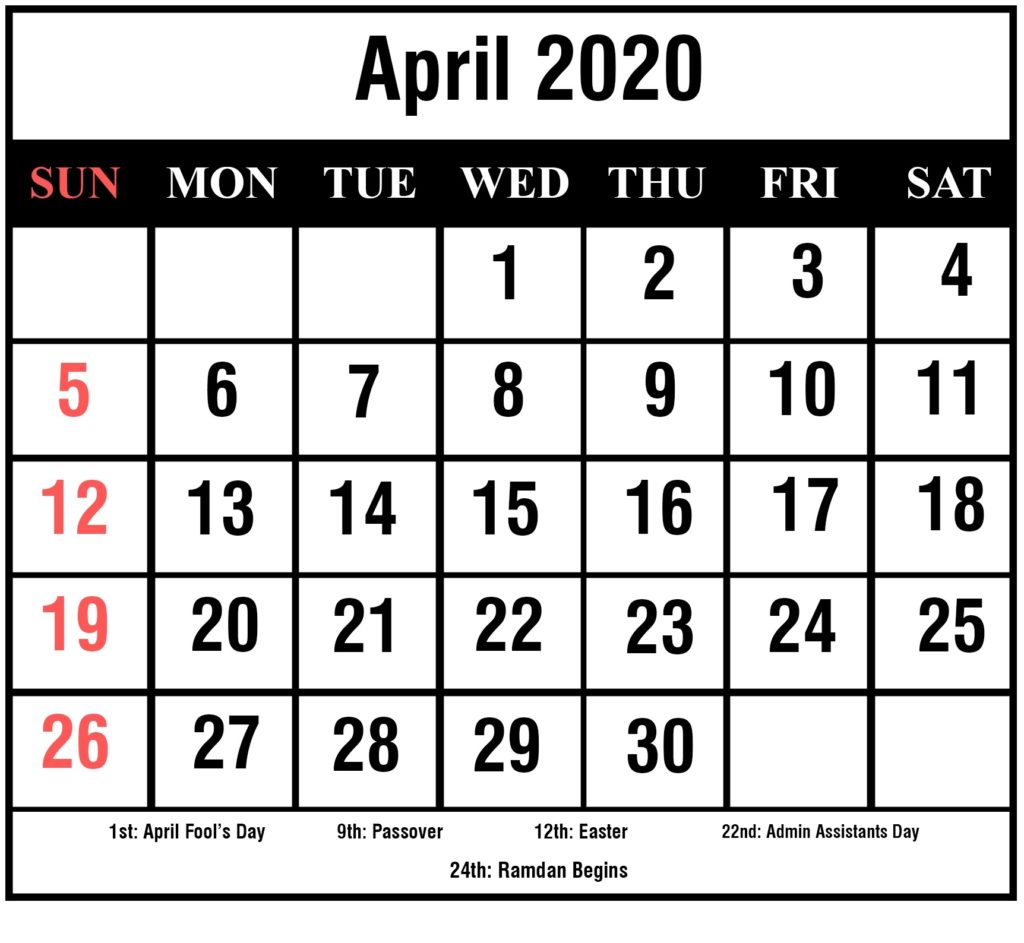 Blank Calendar Page For April 2020 Free Printable Calendar