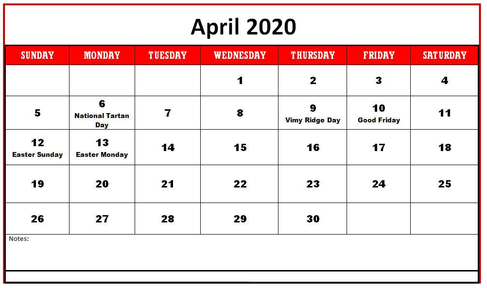 Cute April 2020 Calendar Word