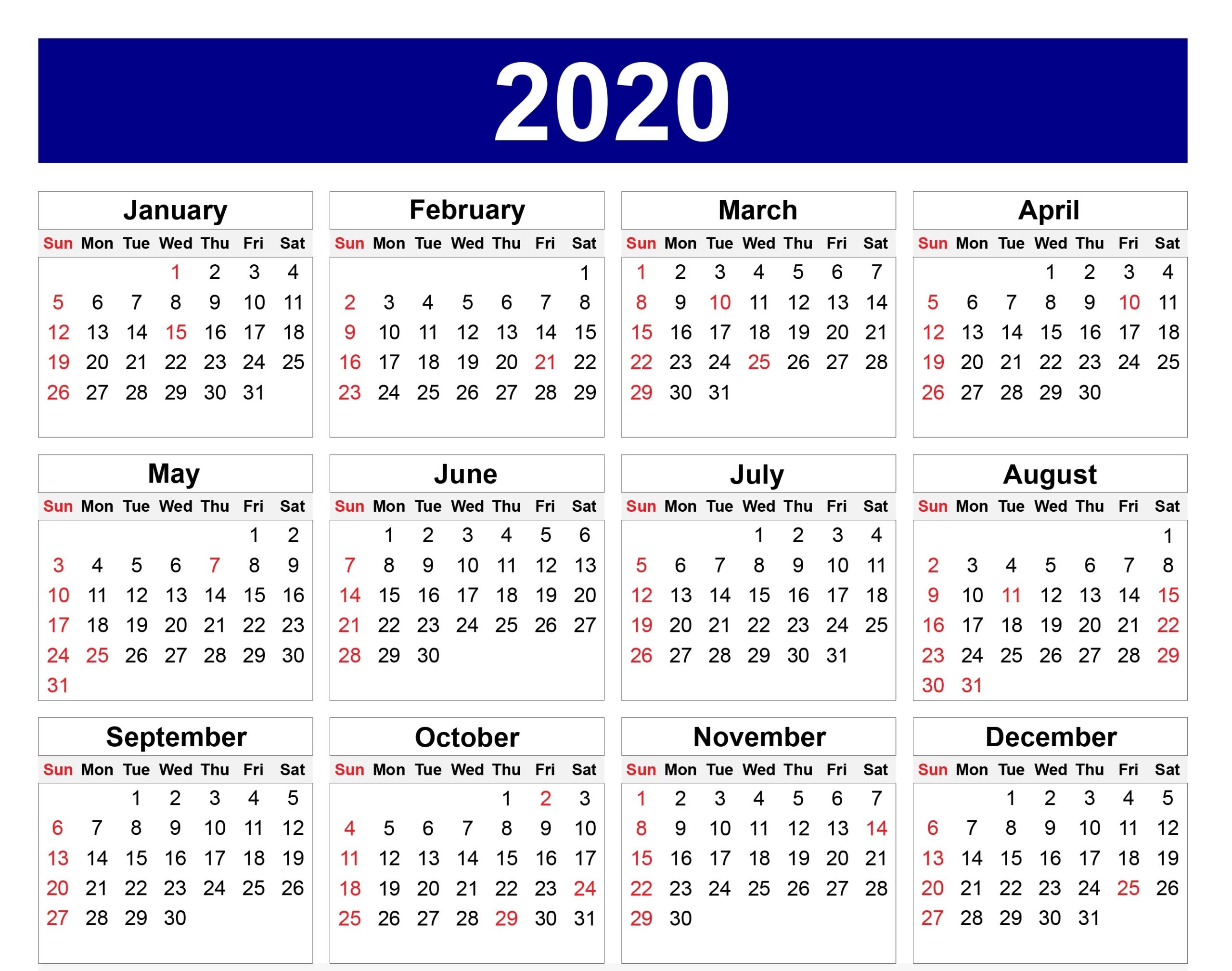 usa federal and state 2020 calendar with holidays free