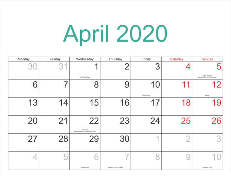 Printable April 2020 Calendar With Holidays Plan Free Printable Calendar