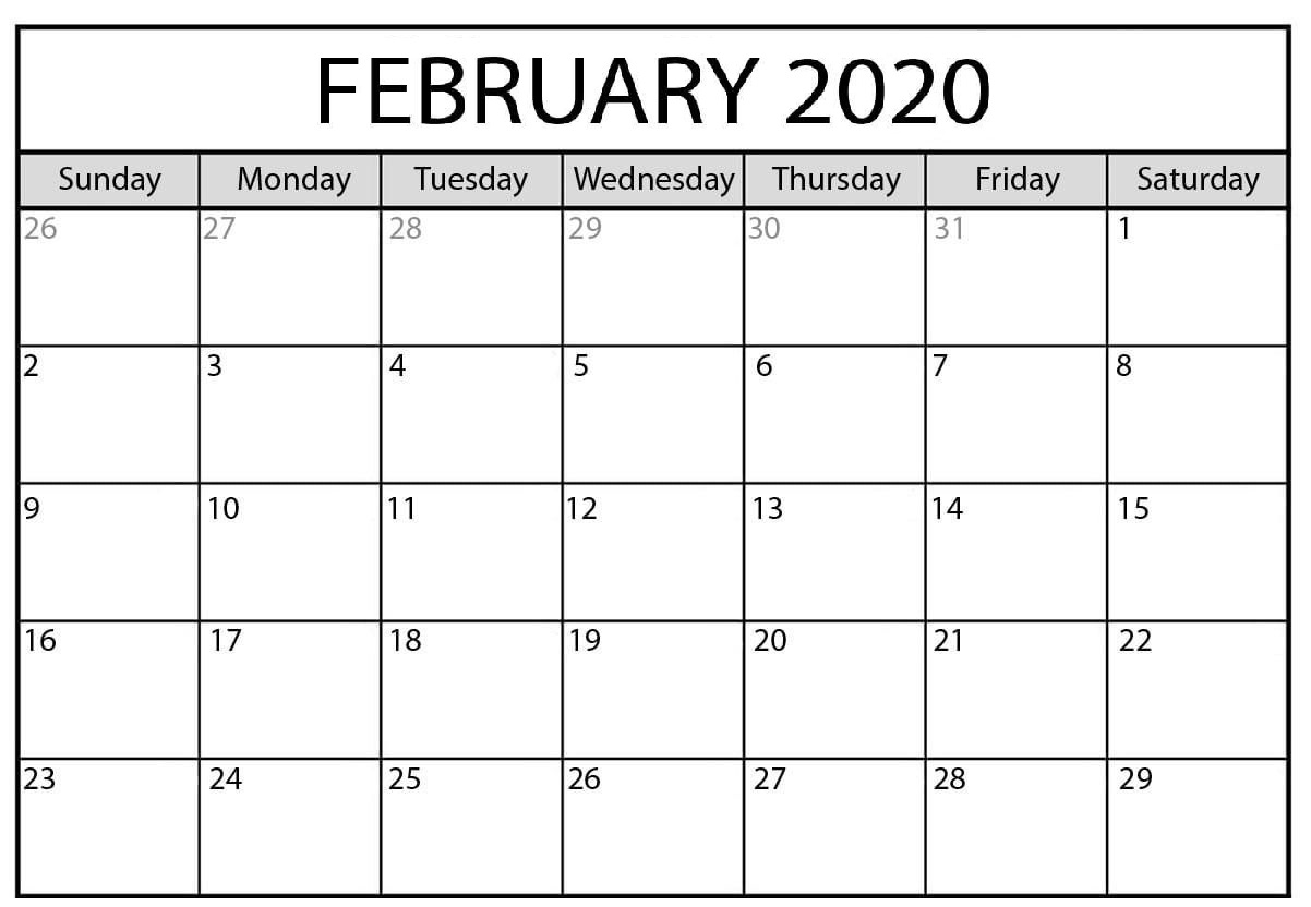 Feb 2020 Calendar Printable