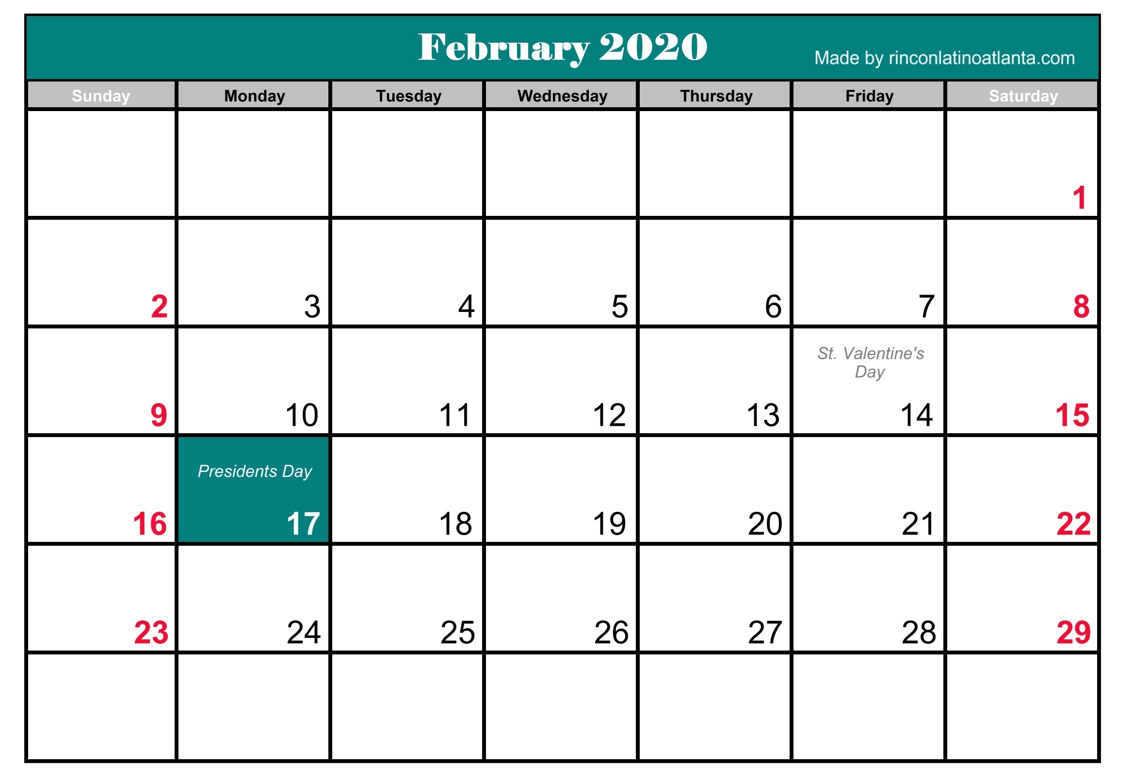 February 2020 Calendar Printable