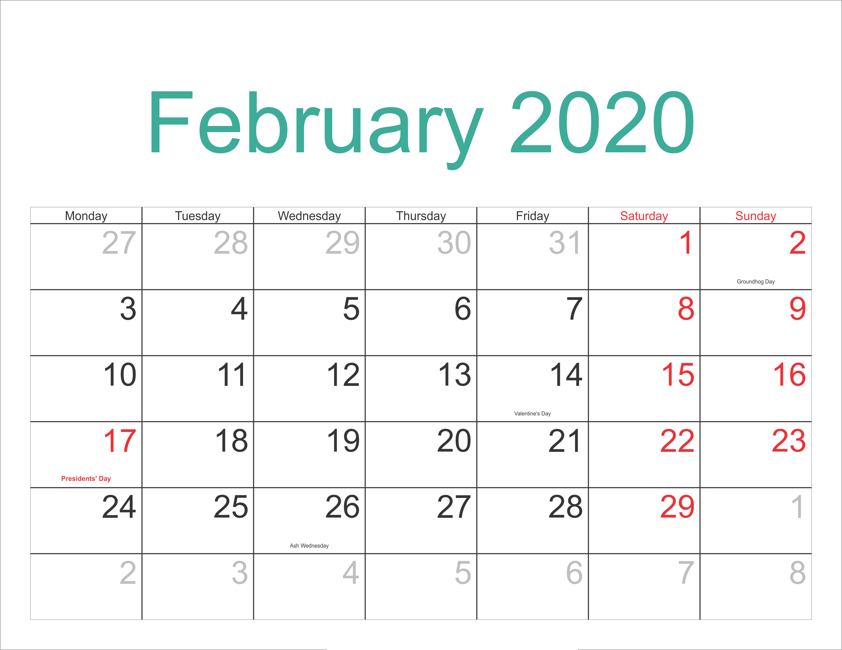 February 2020 Calendar With Us Australia Canada Holidays Sheet Free