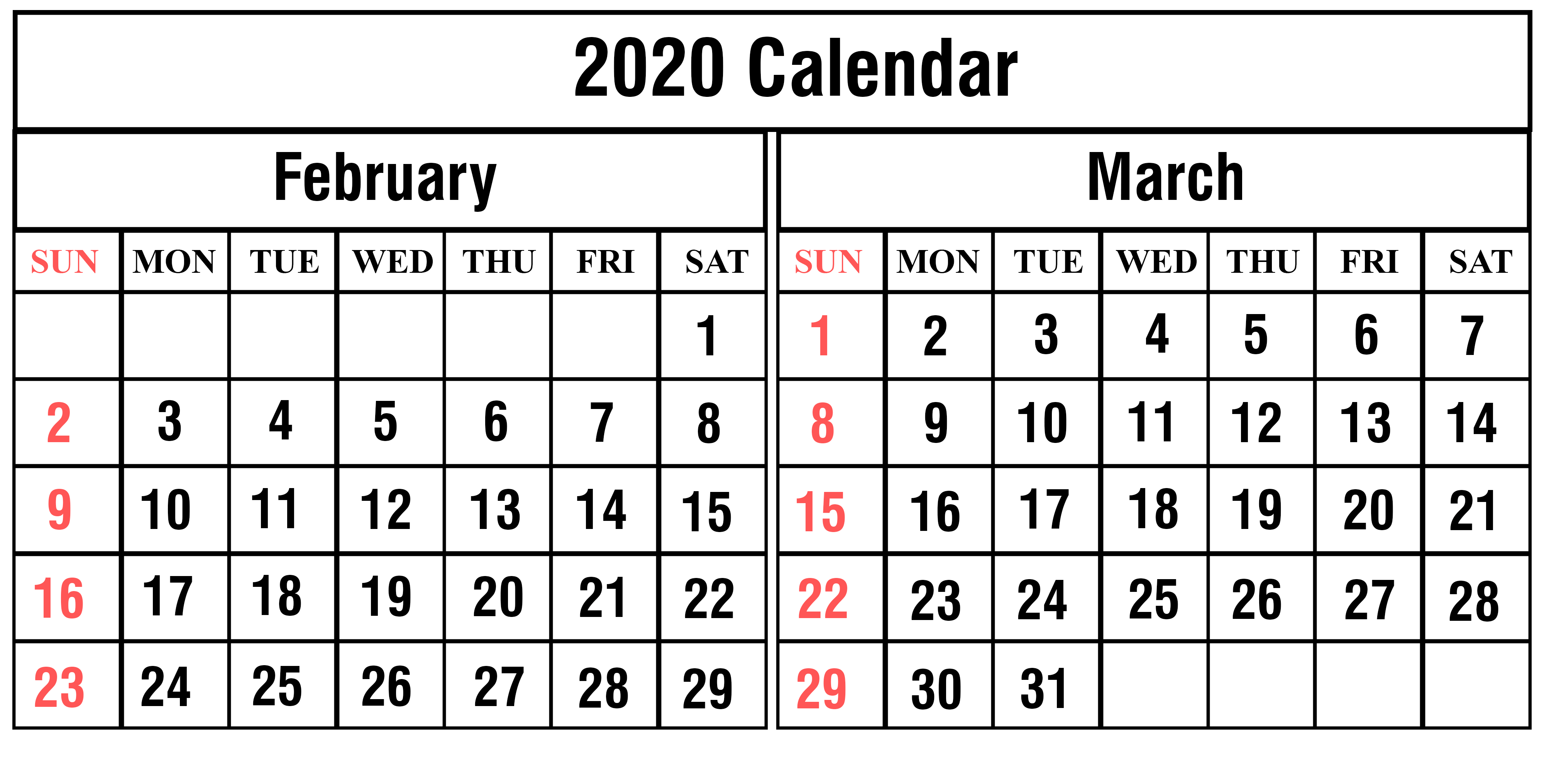 February March 2020 Calendar