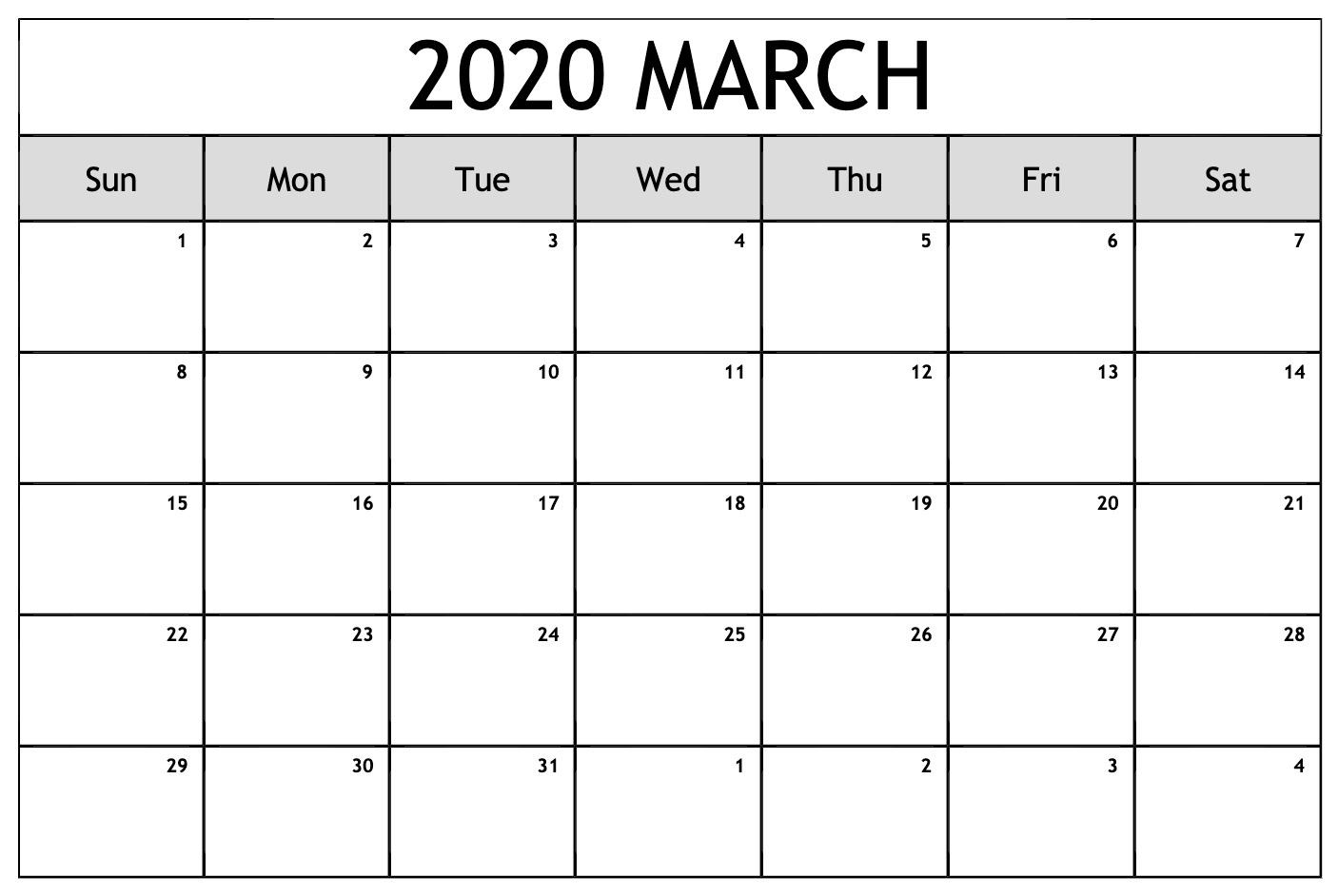 March 2020 Monthly Calendar Printable