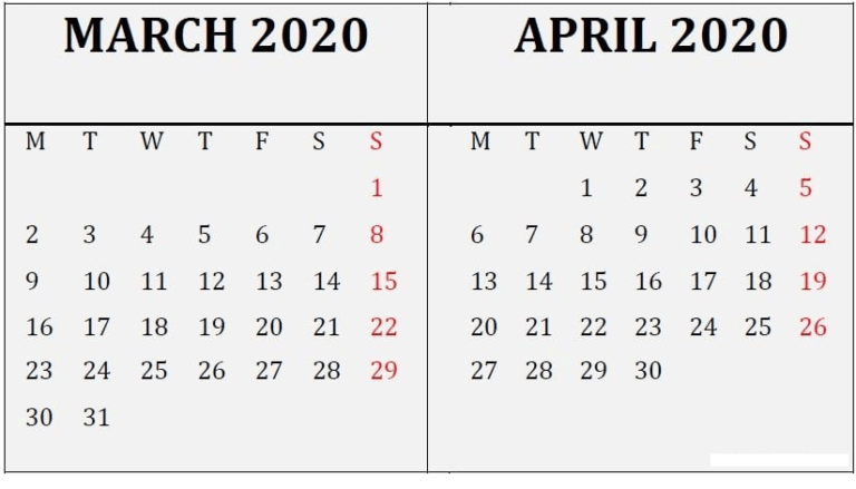 March April 2020 Calendar Reminder