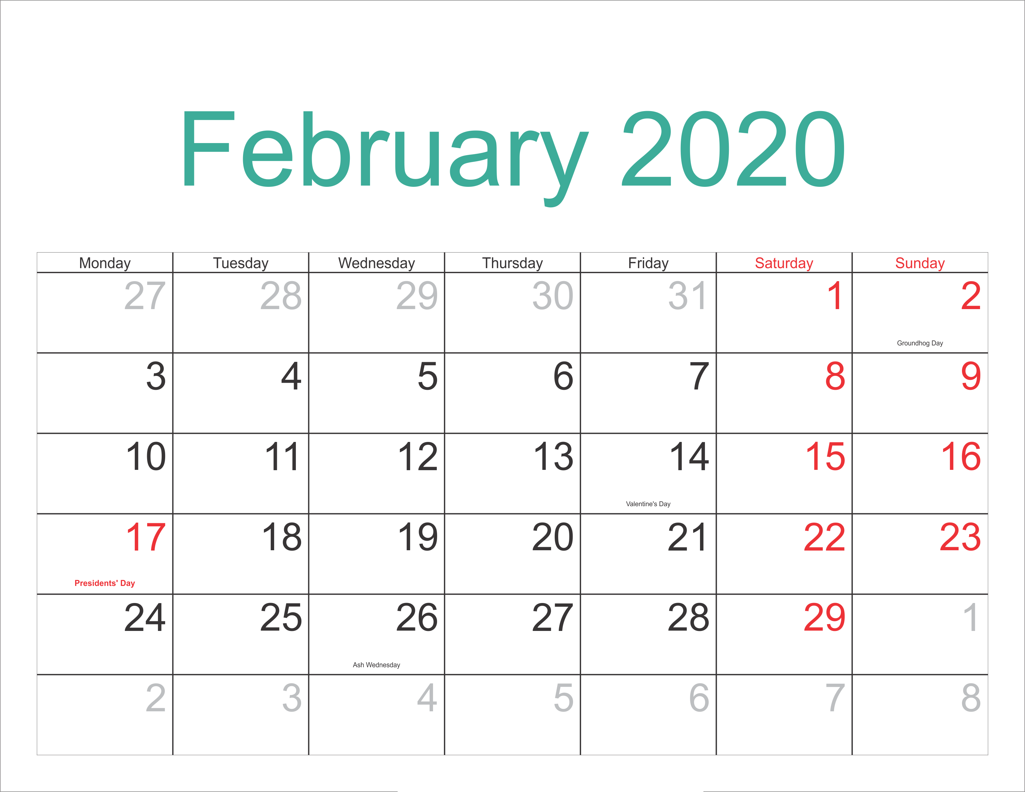 Printable Calendar February 2020 Free