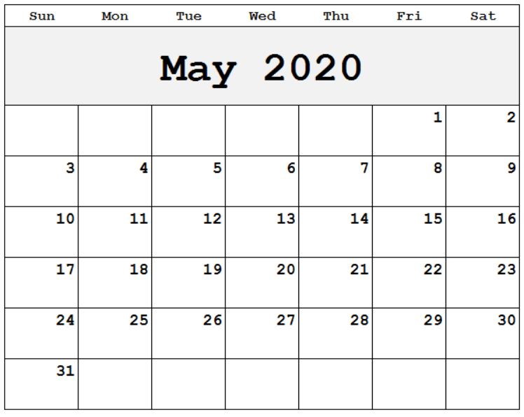 2020 May Monthly Calendar
