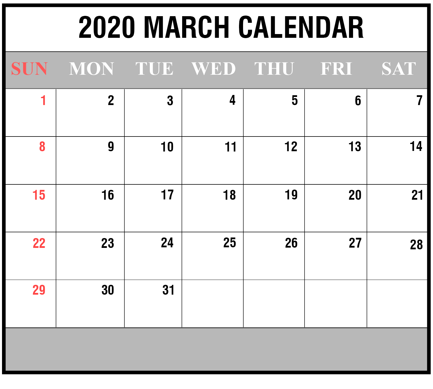 Календарь март. Printable Calendar 2020. Календарь March. Календарь на март для заметок.