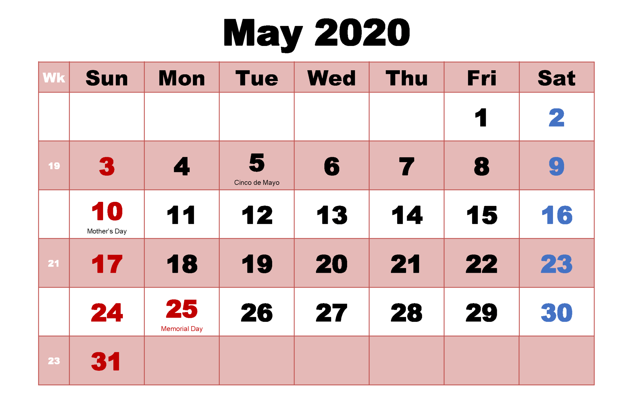 Printable May 2020 Calendar With Holidays Free Printable Calendar