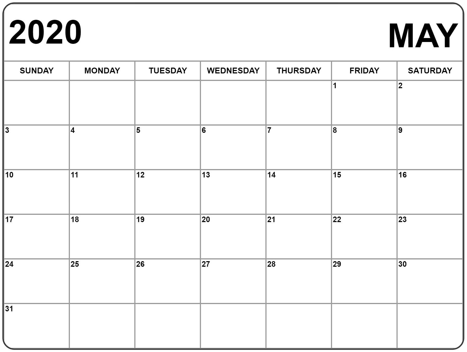 May 2020 Calendar Monthly