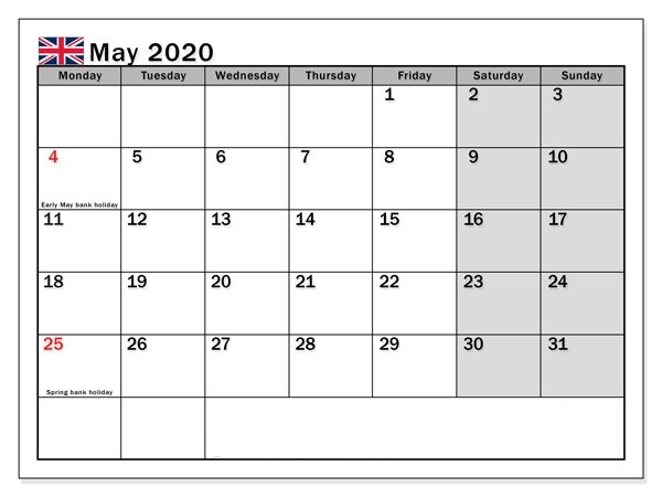 May 2020 Calendar With Holidays