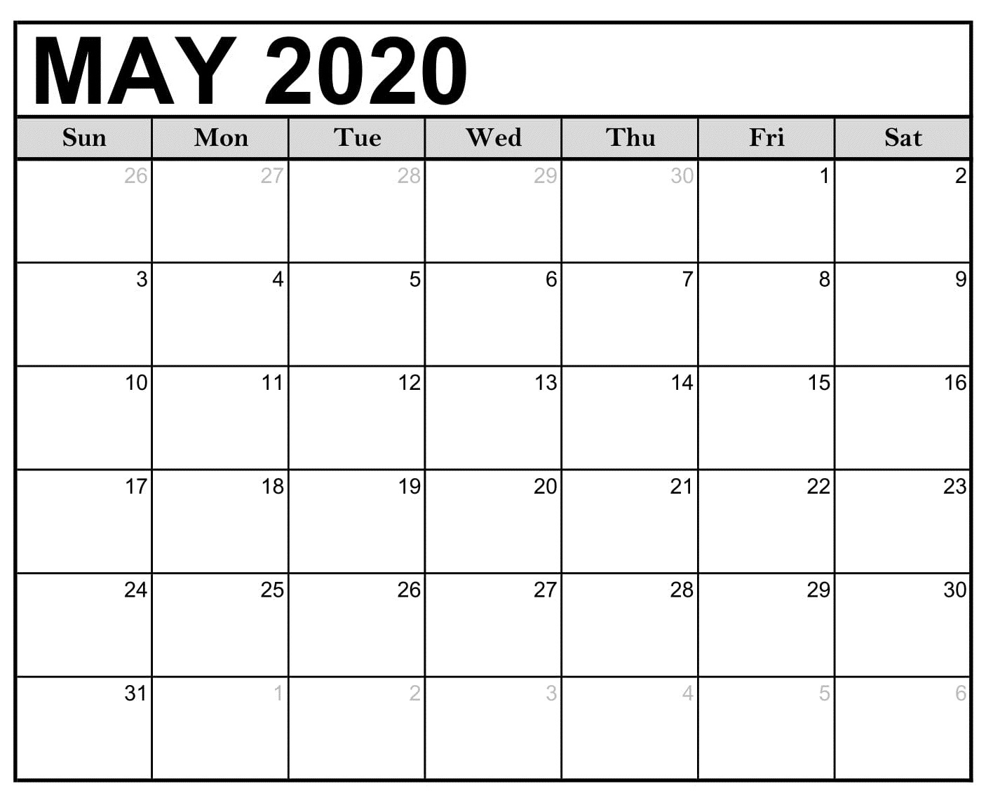 May 2020 Monthly Calendar