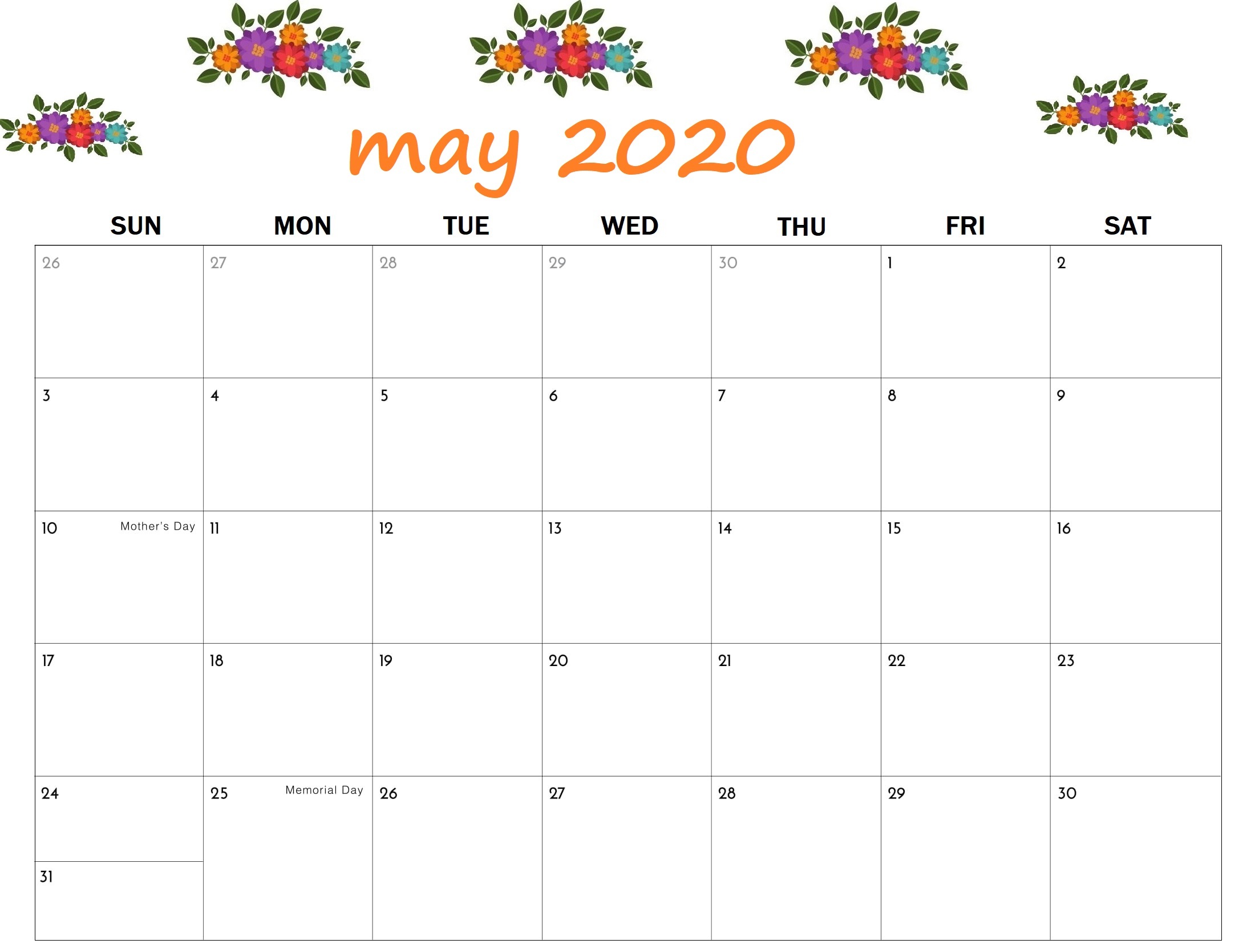 May 2020 Calendar Wallpaper for Office