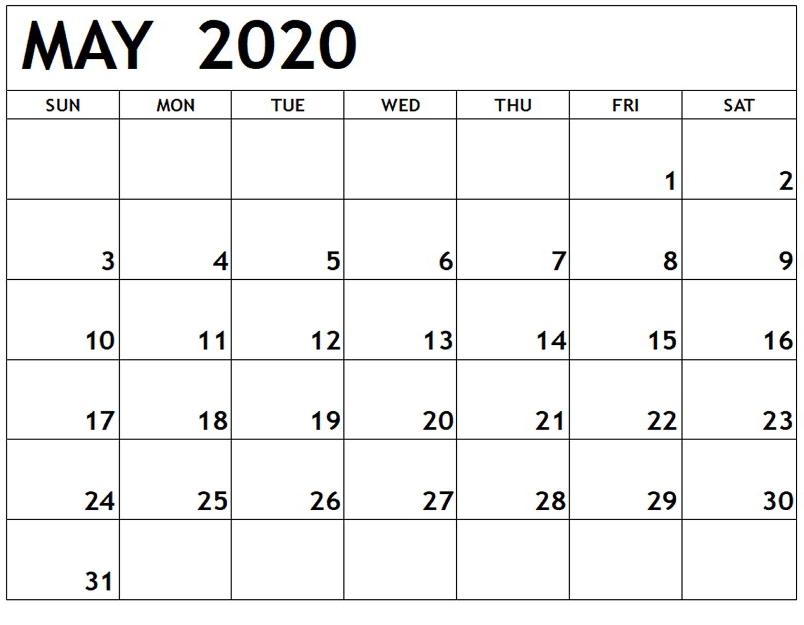 May Calendar 2020 Printable