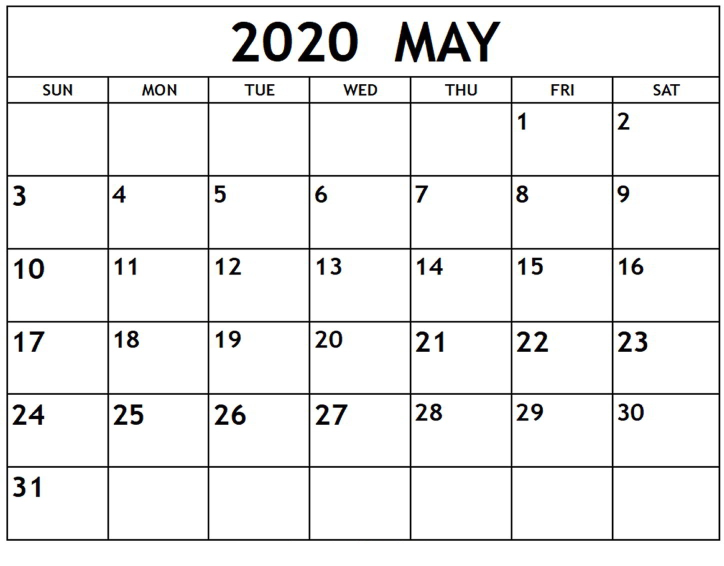 May Printable 2020 Calendar