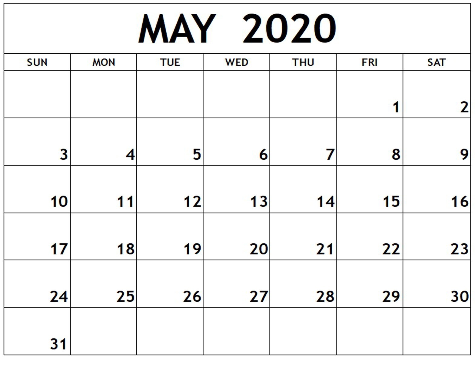 Printable Calendar May 2020 Print