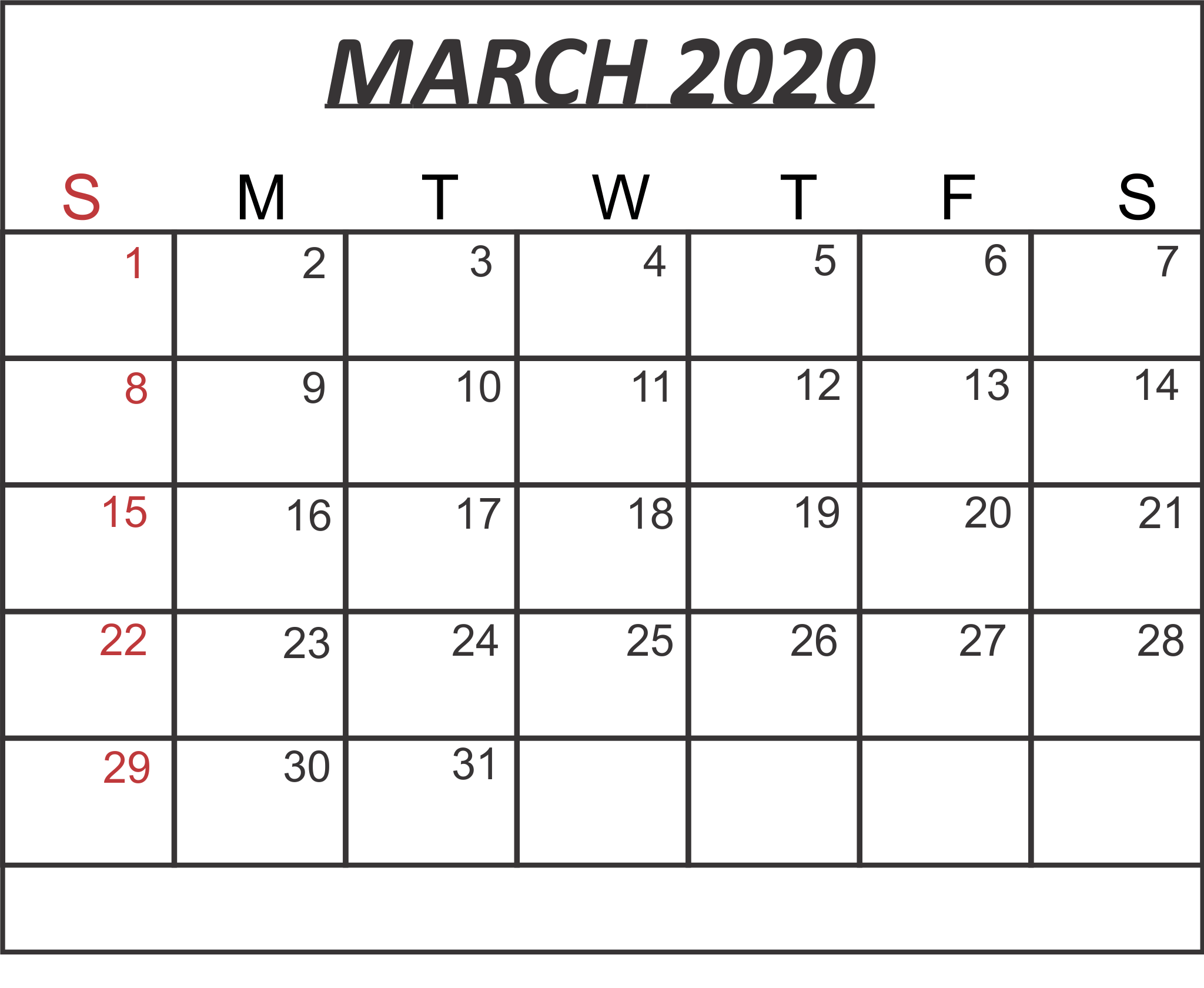 March 2020 Printable Calendar - Printable Word Searches