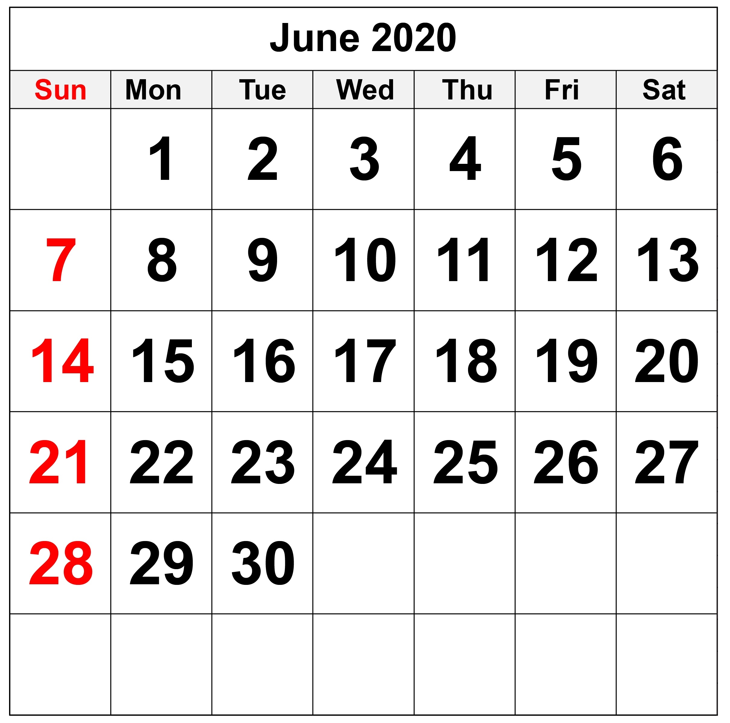 Blank June 2020 Calendar With Notes