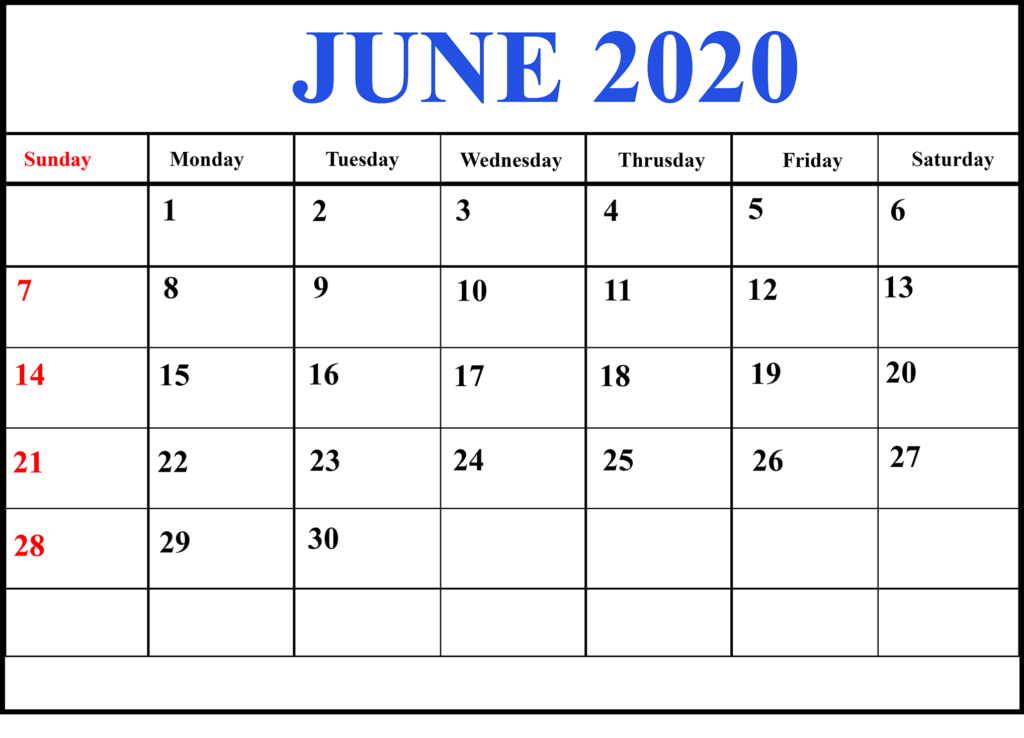 Print June 2020 Calendar Excel Sheet Free Printable Calendar