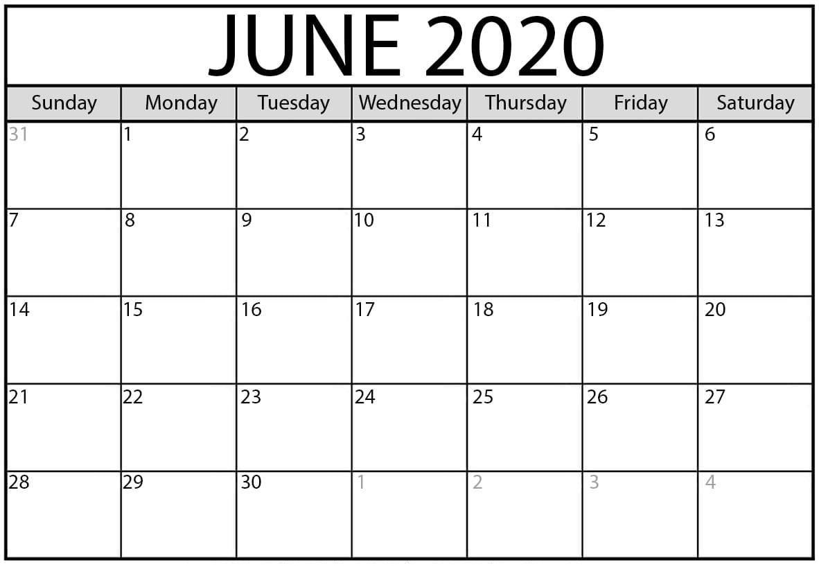 June 2020 Monthly Calendar Printable