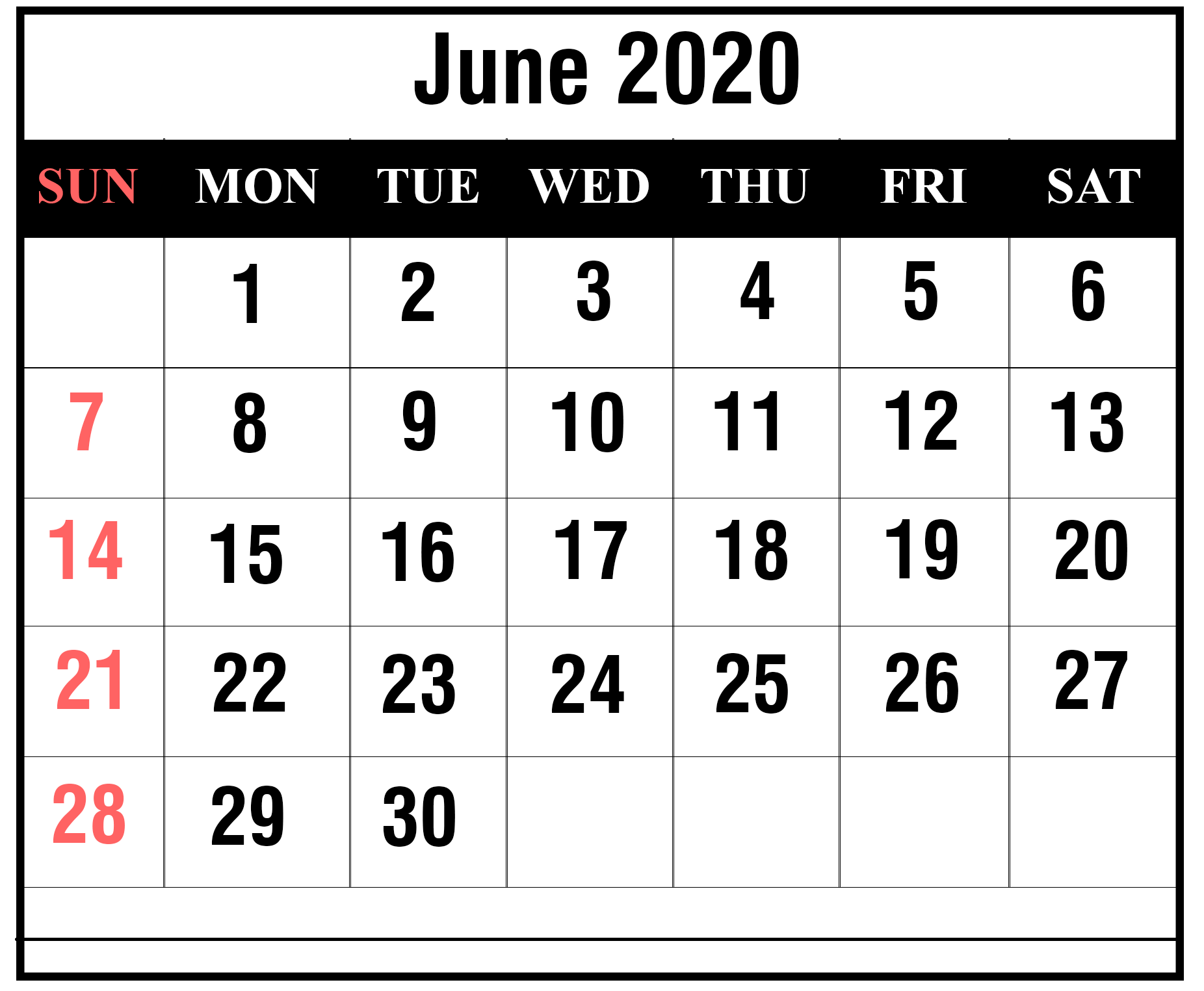 Free June 2020 Calendar PDF Free Printable Calendar