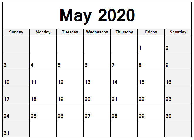 May Calendar 2020 Excel