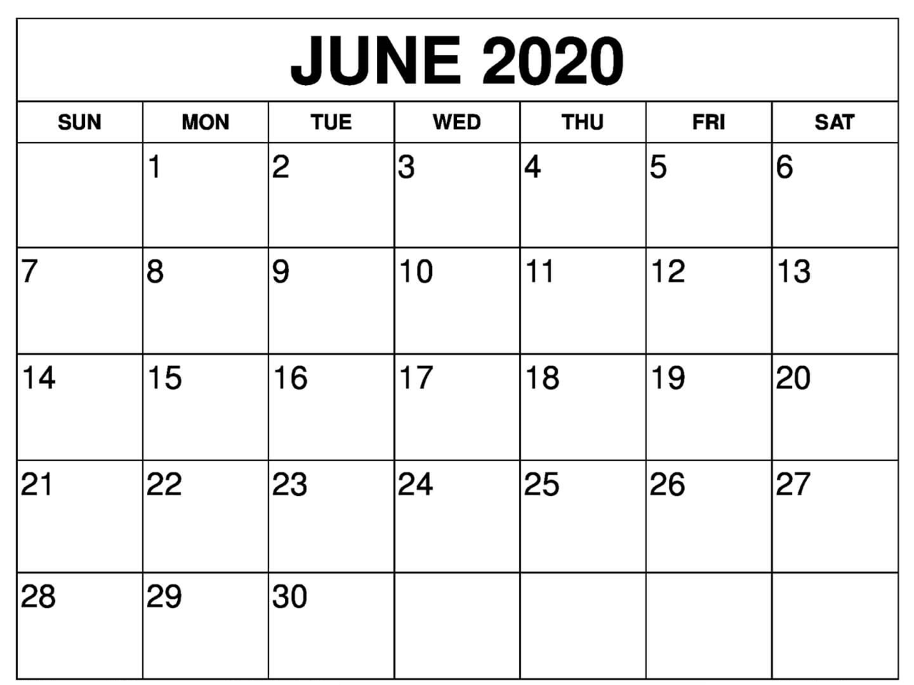 Print June 2020 Calendar Excel