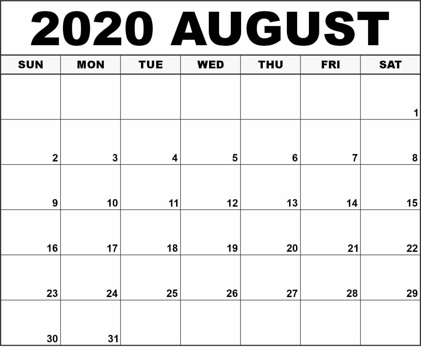 2020 August Calendar
