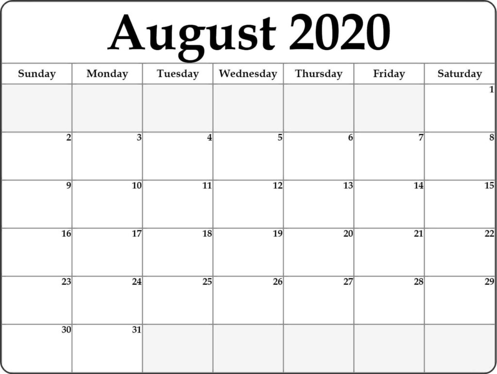 Blank August 2020 Calendar Template 