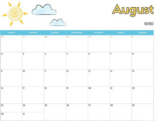 August 2020 Calendar Cute