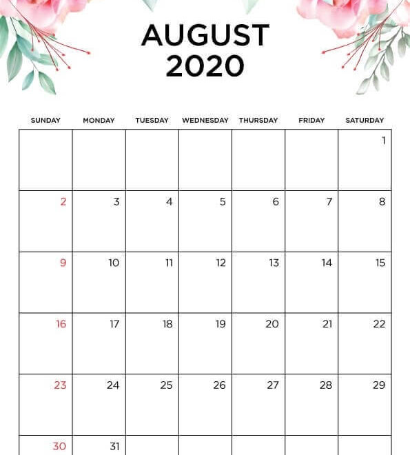 August 2020 Monthly Calendar template