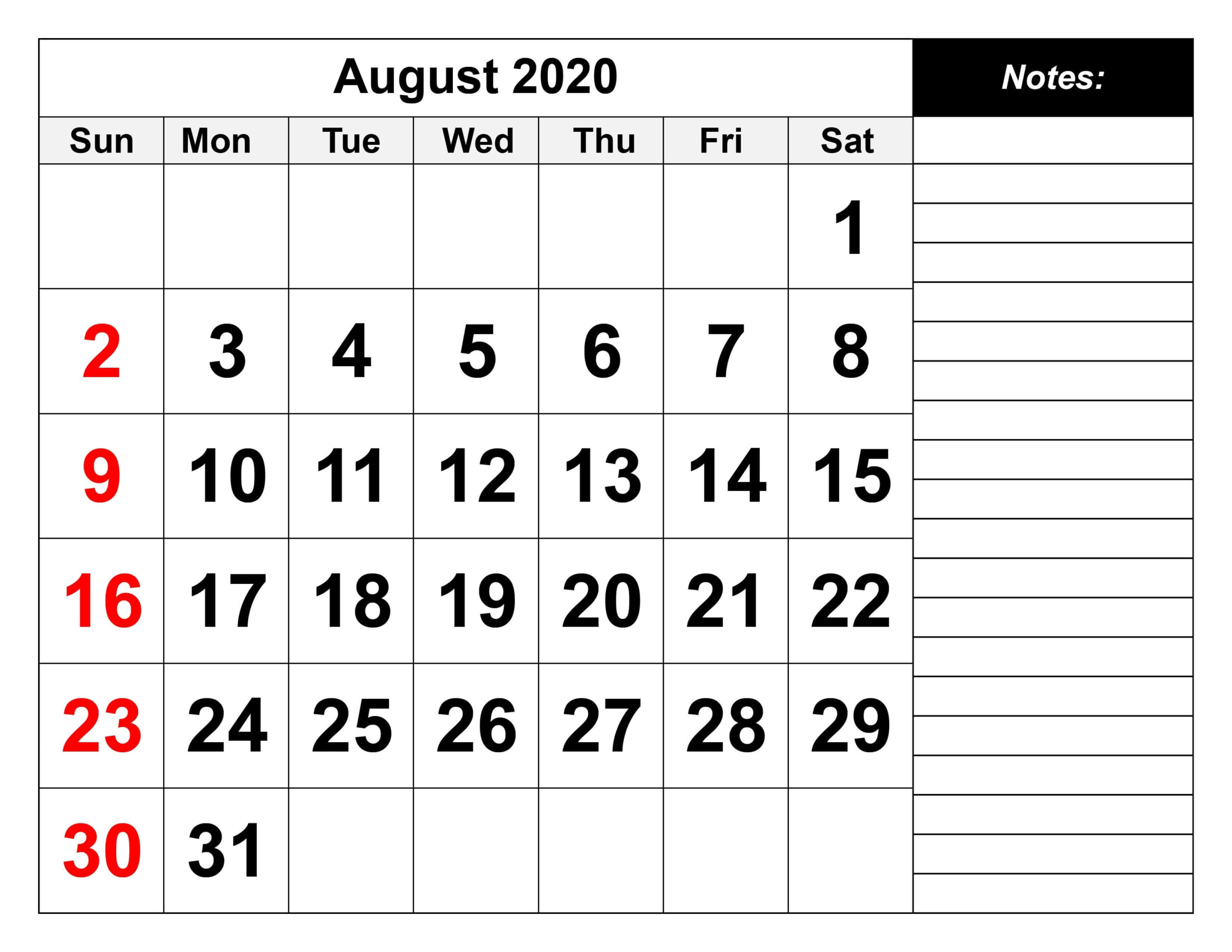August Calendar 2020 PDF