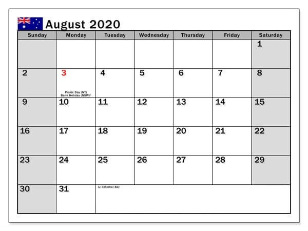 August Calendar 2020 Template download