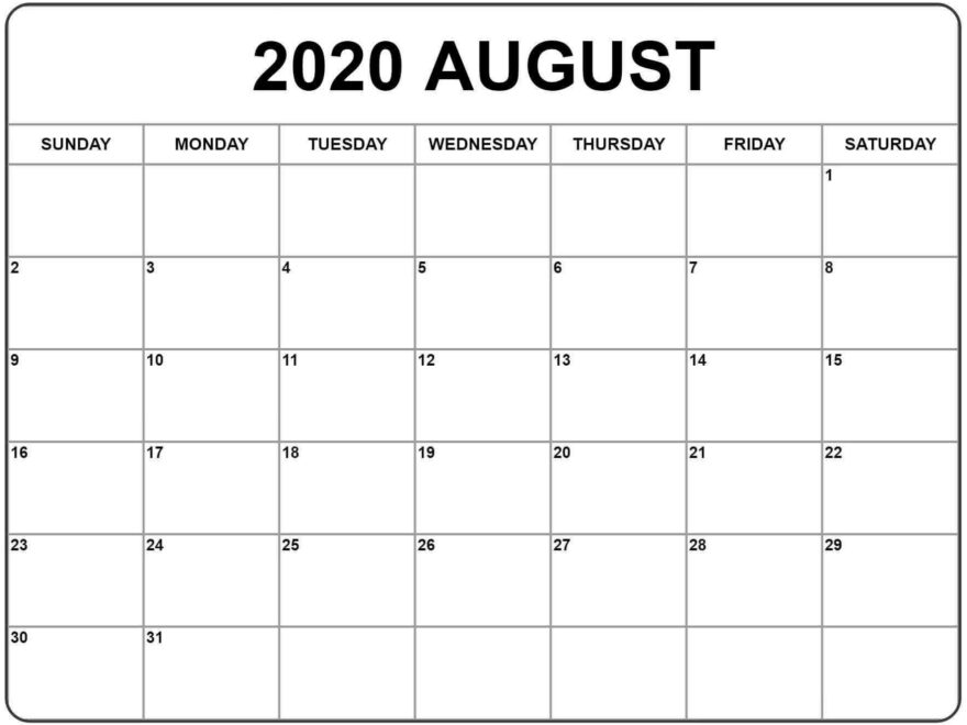 Blank August 2020 Calendar PDF