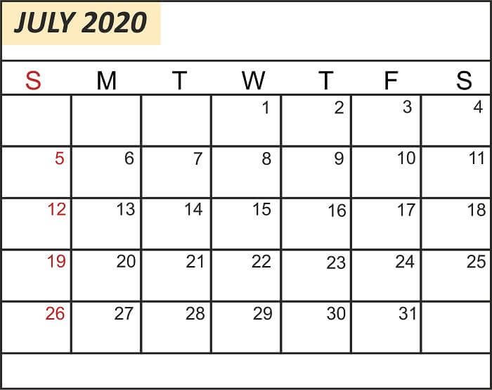 Calendar July 2020 Wallpaper