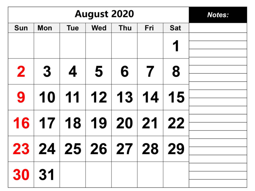 Cute August 2020 Calendar Printable