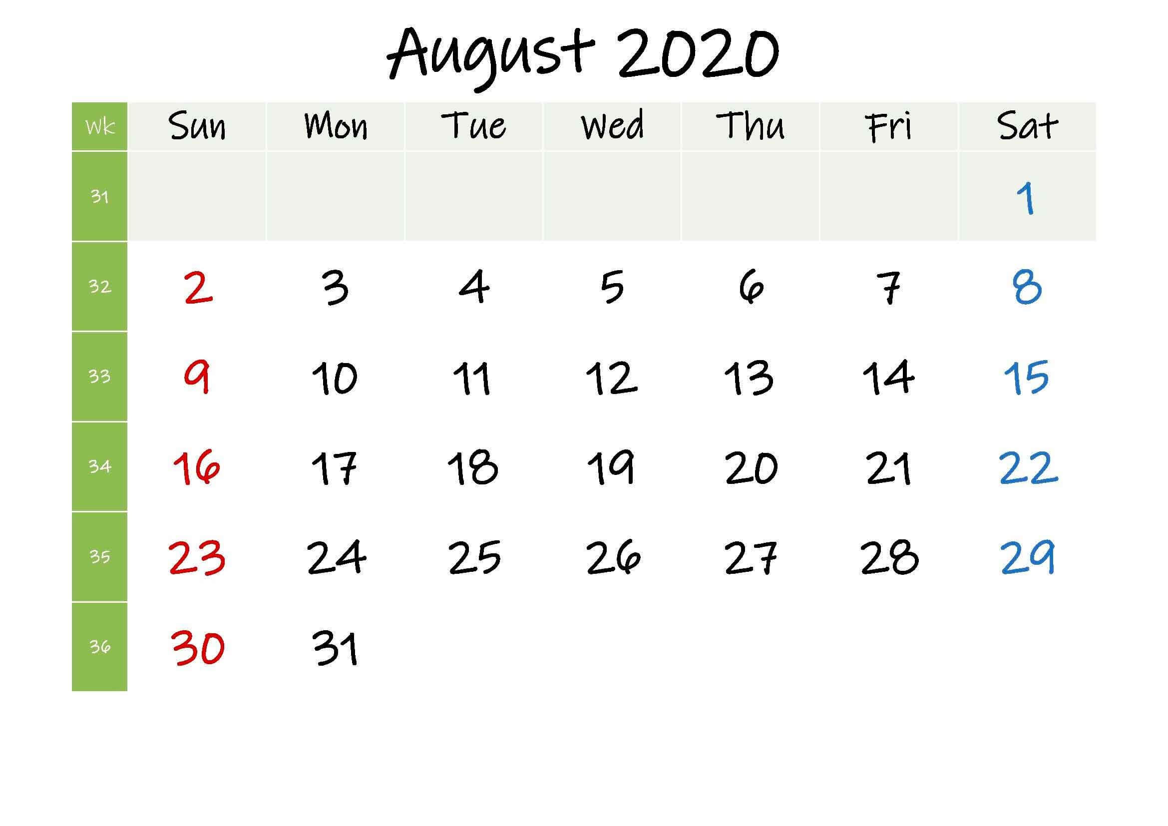 Editable August 2020 Calendar PDF