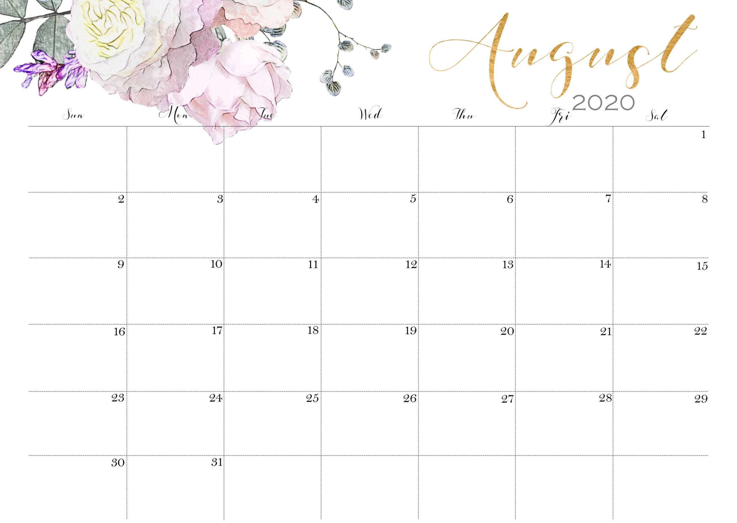 Editable August Calendar 2020