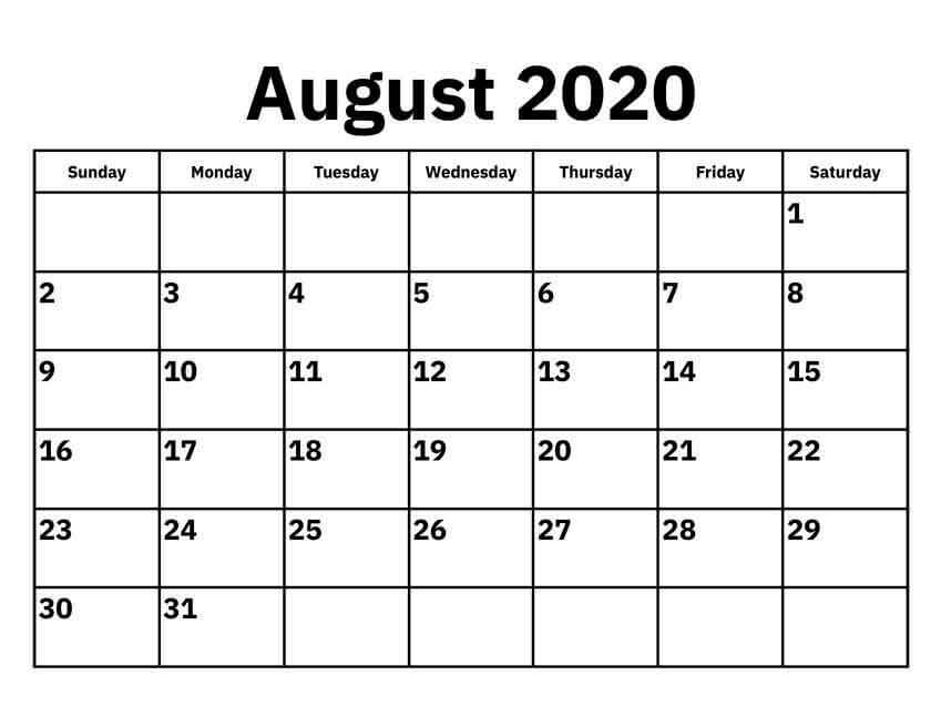 Free Printable Calendar 2020 August