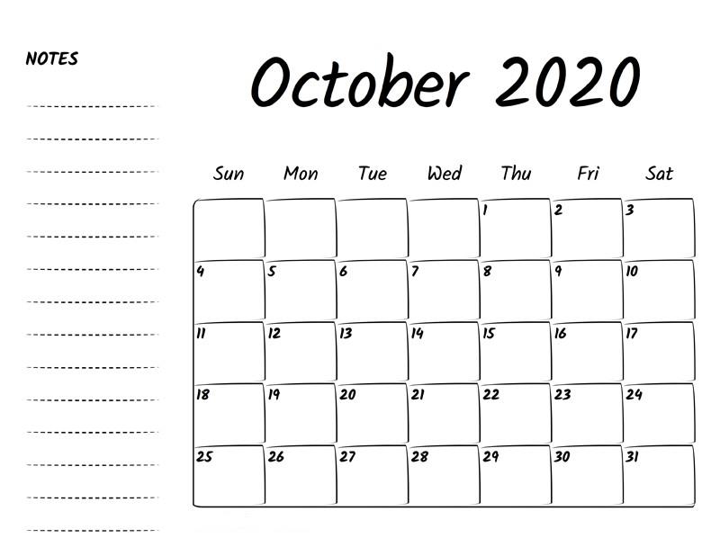 2020 October Monthly Calendar