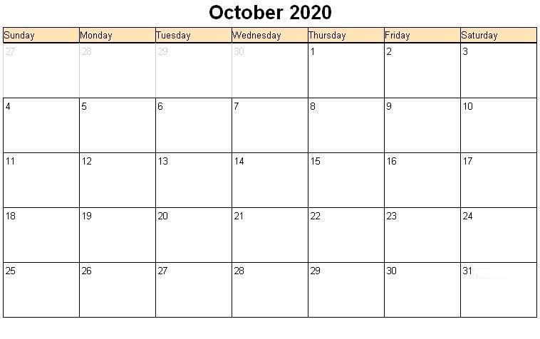 October 2020 Calendar Excel