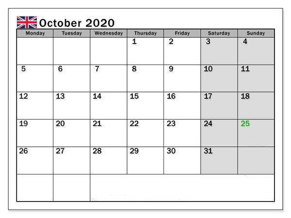 October 2020 Calendar Holidays