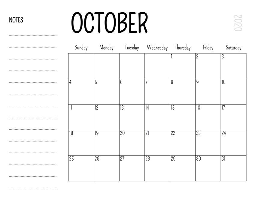 October 2020 Holidays Calendar